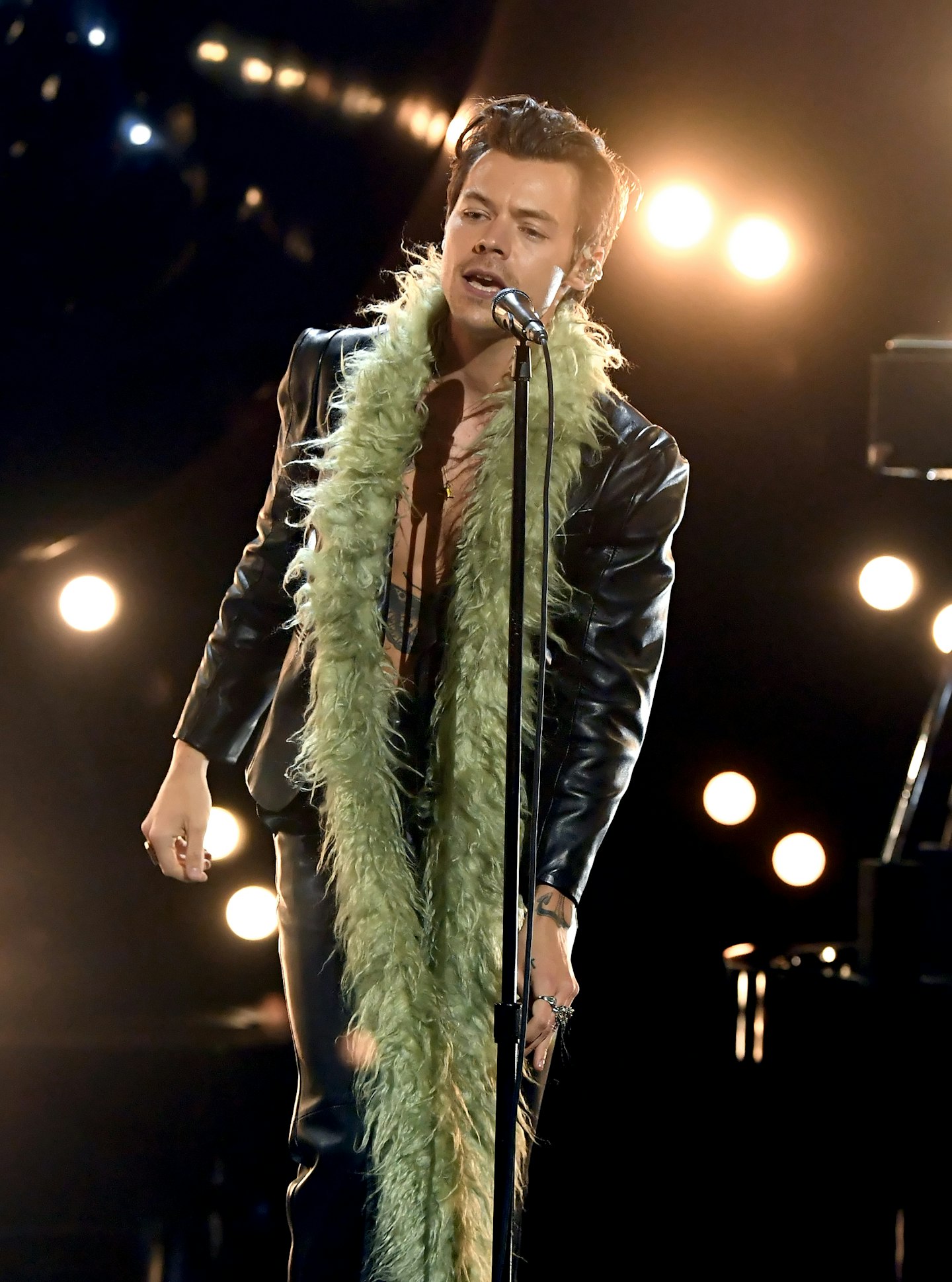 Harry Styles grammy awards leather suit boa