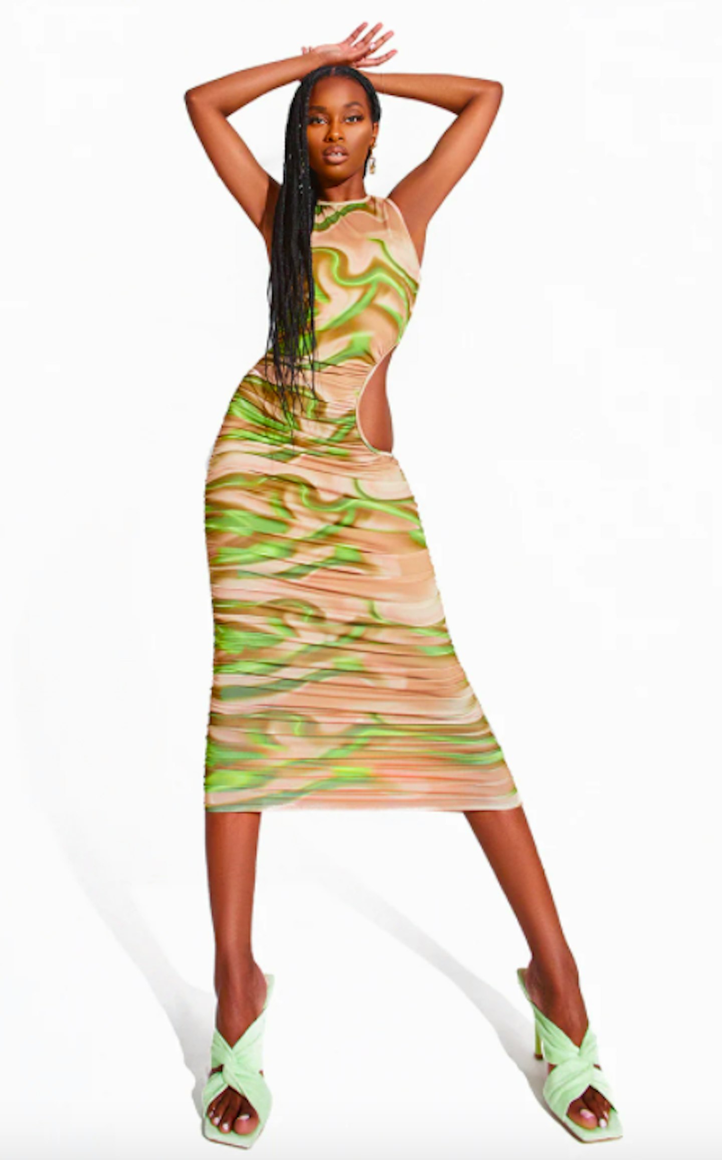 Green Printed Ruched Cut Out Midi Dress