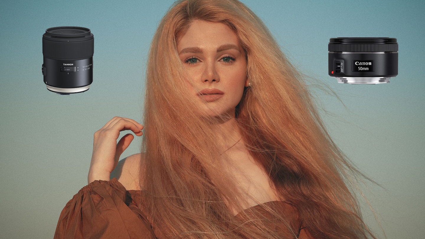 Portrait of a strawberry blonde model with two best portrait lenses on either side