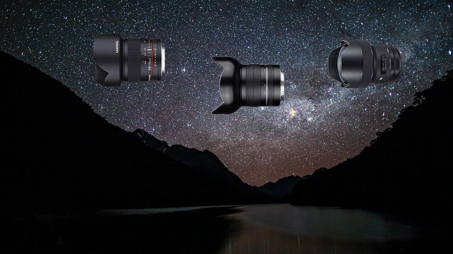 A landscape photograph of the stars with three best lens models placed in the sky