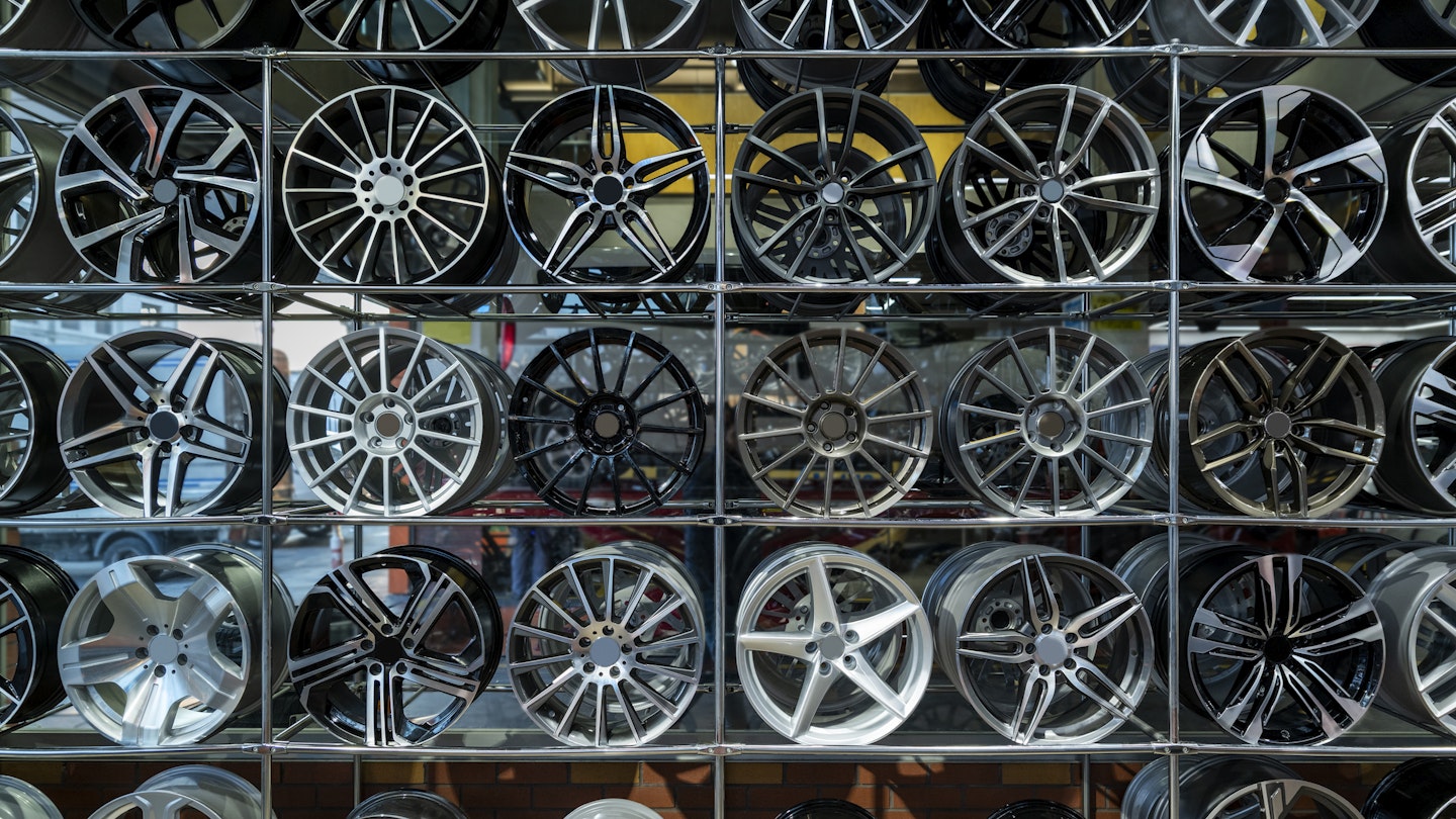 A selection of car rims on display 