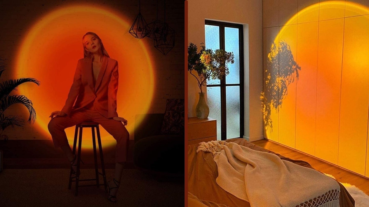 Sunset lamp picture in bedroom and model on stool