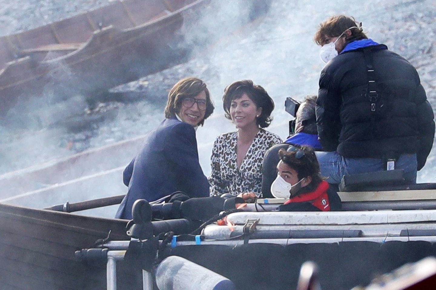 Lady Gaga in a rowing boat on the set of The House of Gucci 