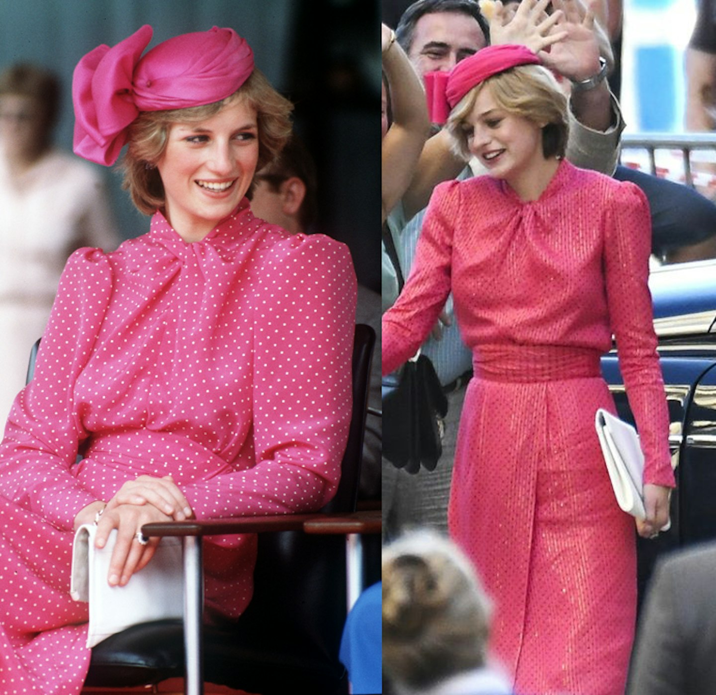 Princess Di and Emma Corrin, pink outfit