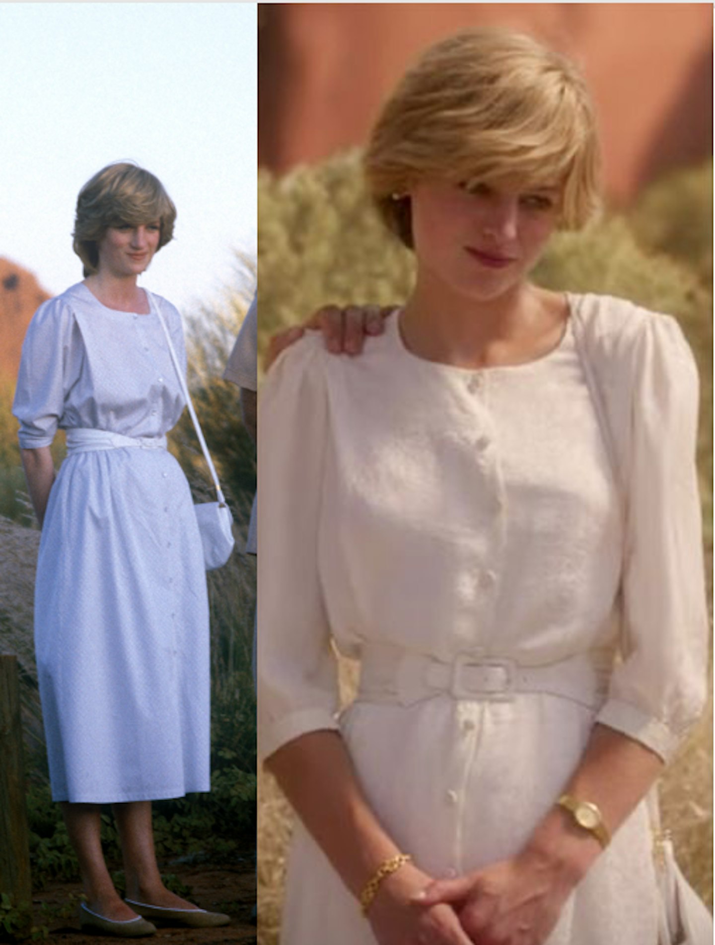 Princess Di and Emma Corrin, australia white dress