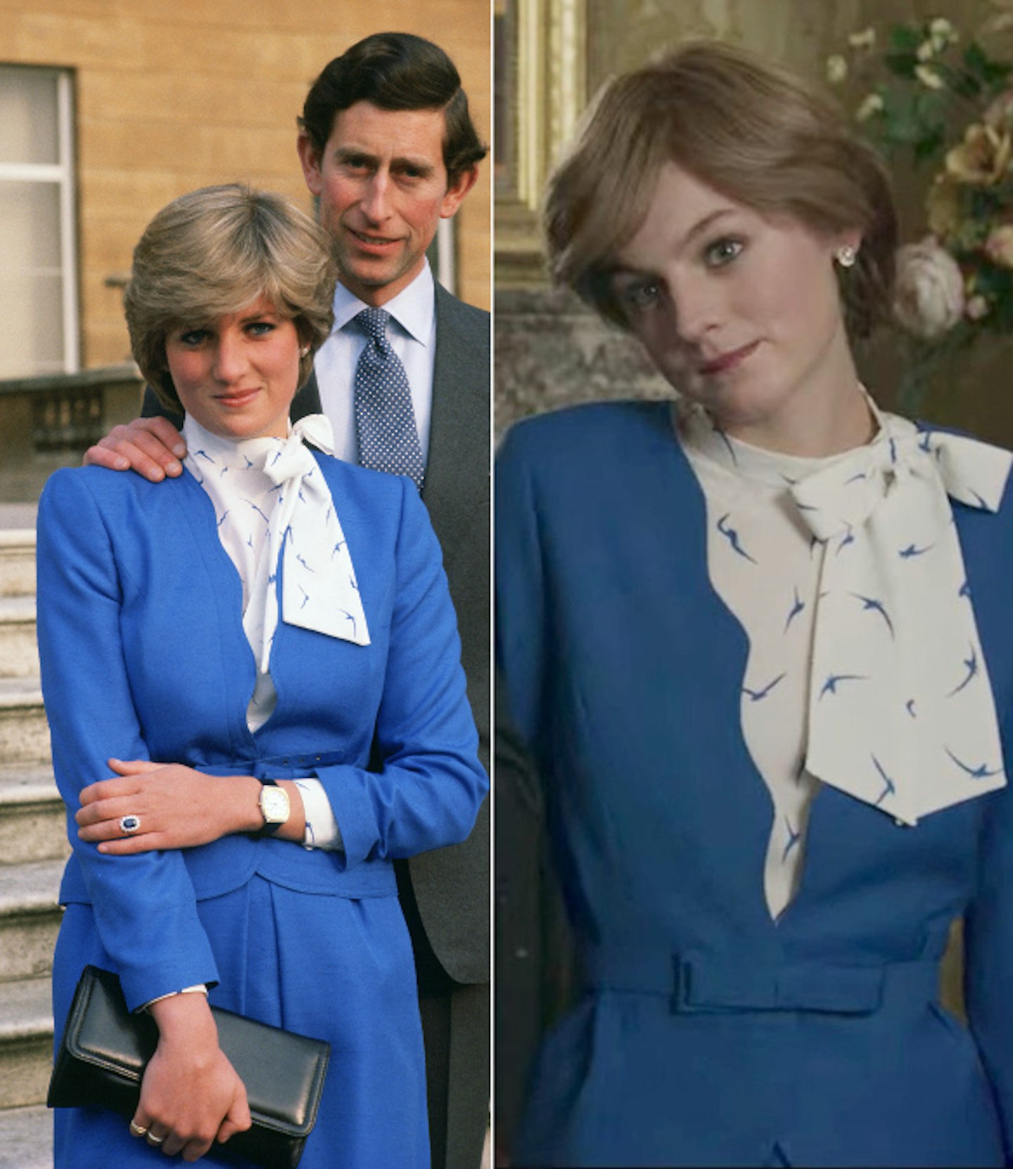 Princess Di and Emma Corrin, engagement outfit