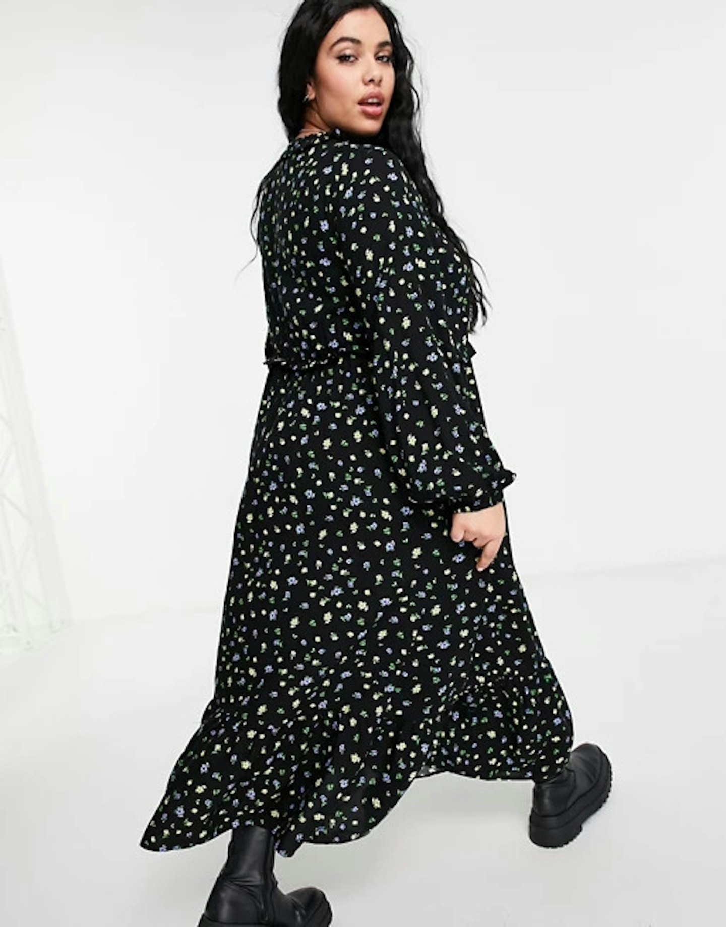 New Look Curve at ASOS, long sleeve tie neck frill detail smock in black pattern, £22.99