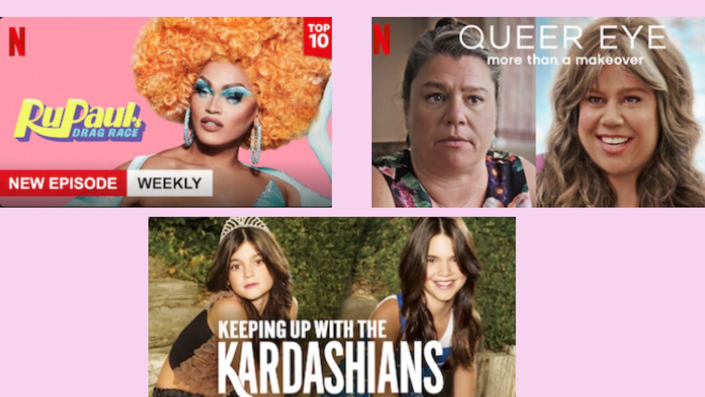 A snapshot of three different reality TV series all set against a pink pastel background