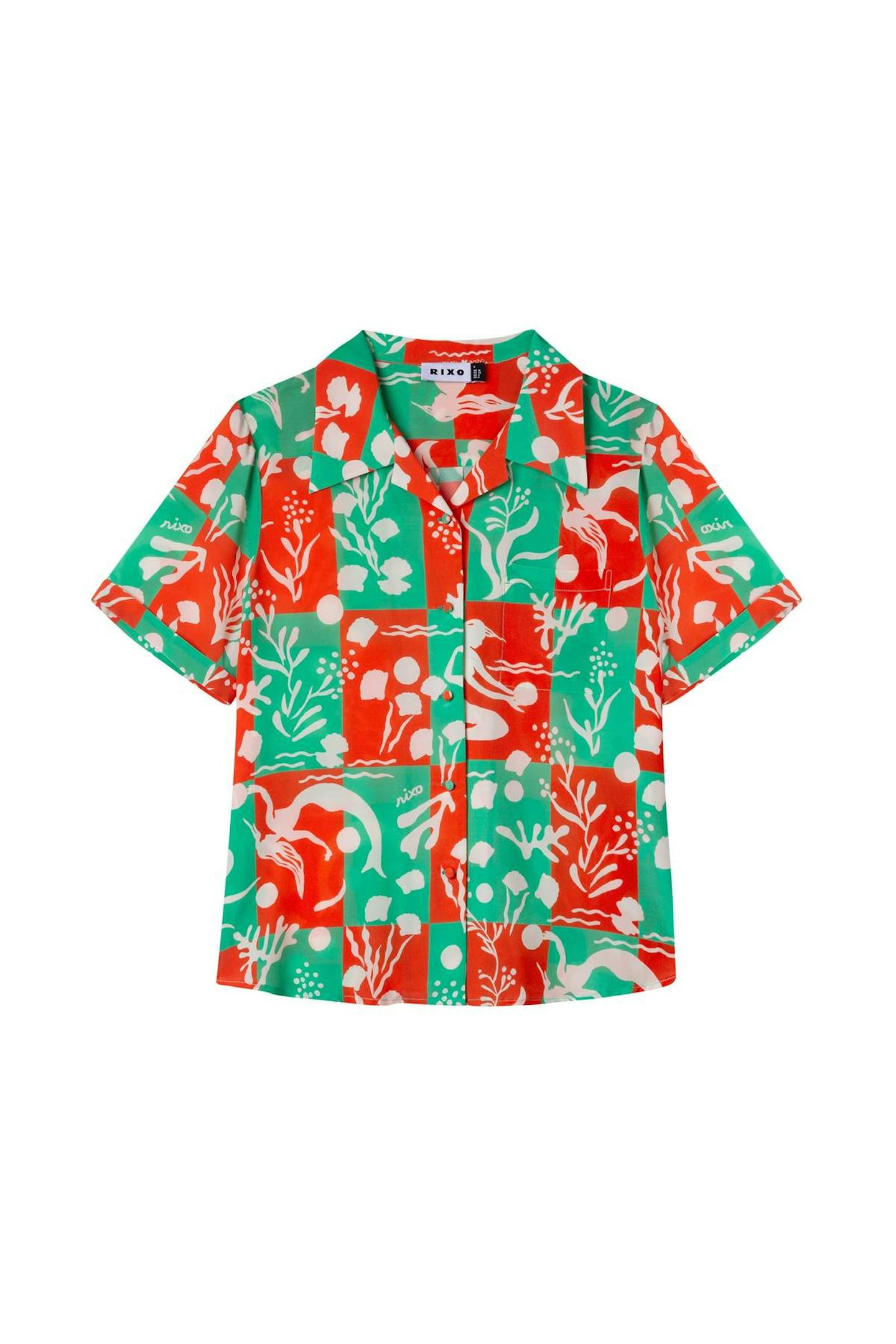 Rixo, Mono Sea Life Peach Green Collared Shirt, £195