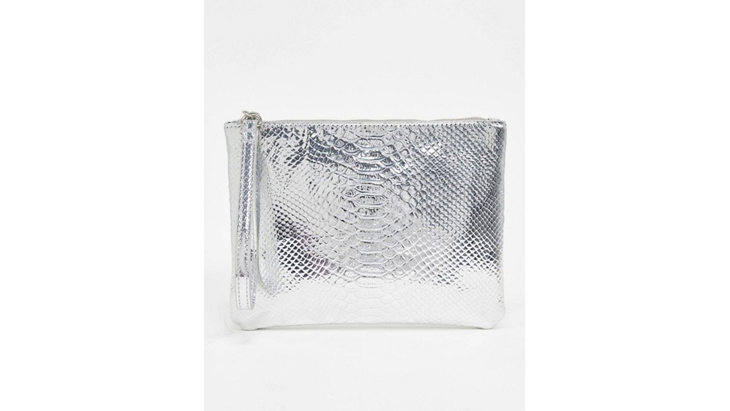 South Beach Exclusive snake embossed clutch in silver metallic