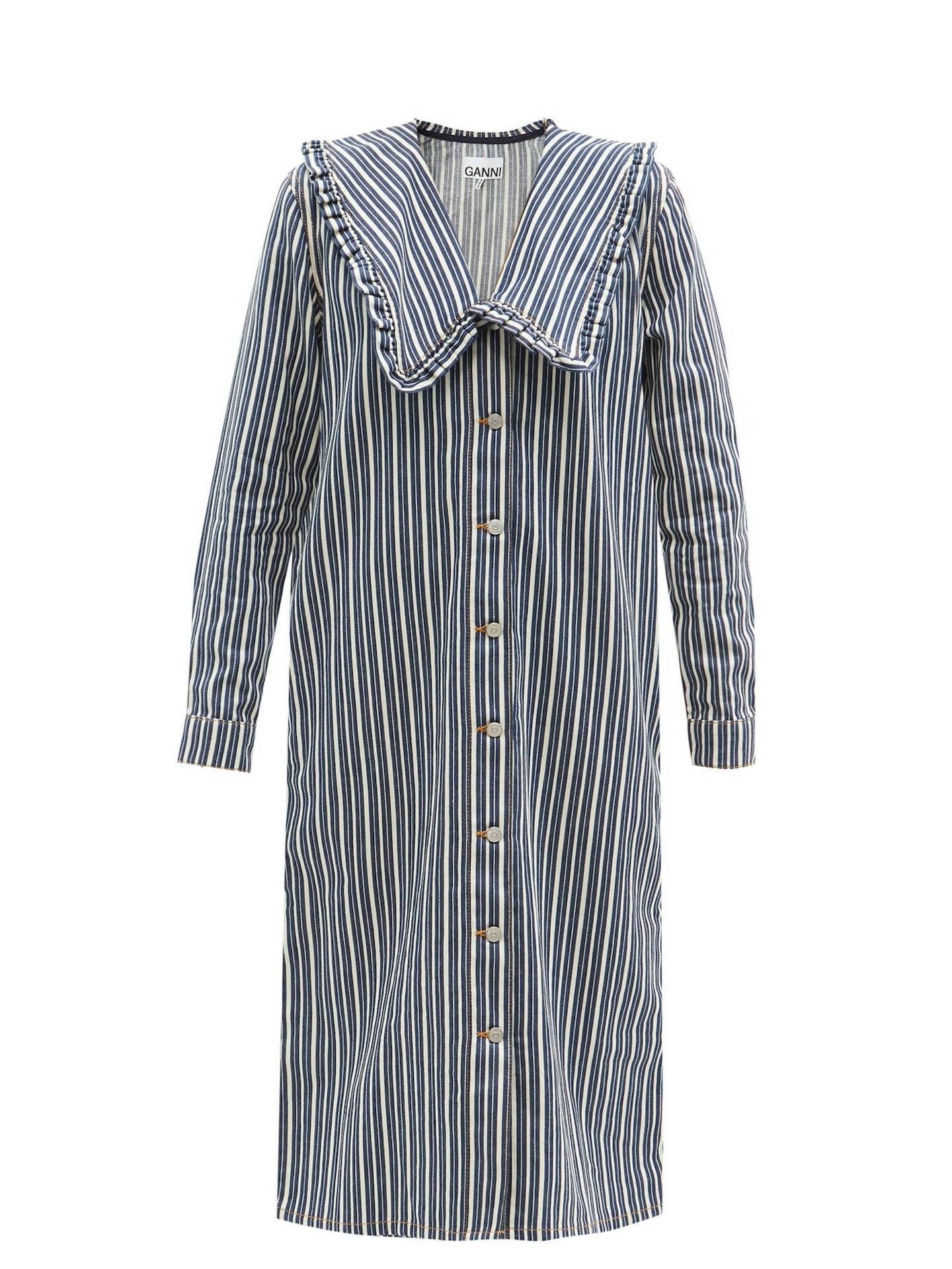 Ganni, Ruffled Collar Striped Denim Dress, £225