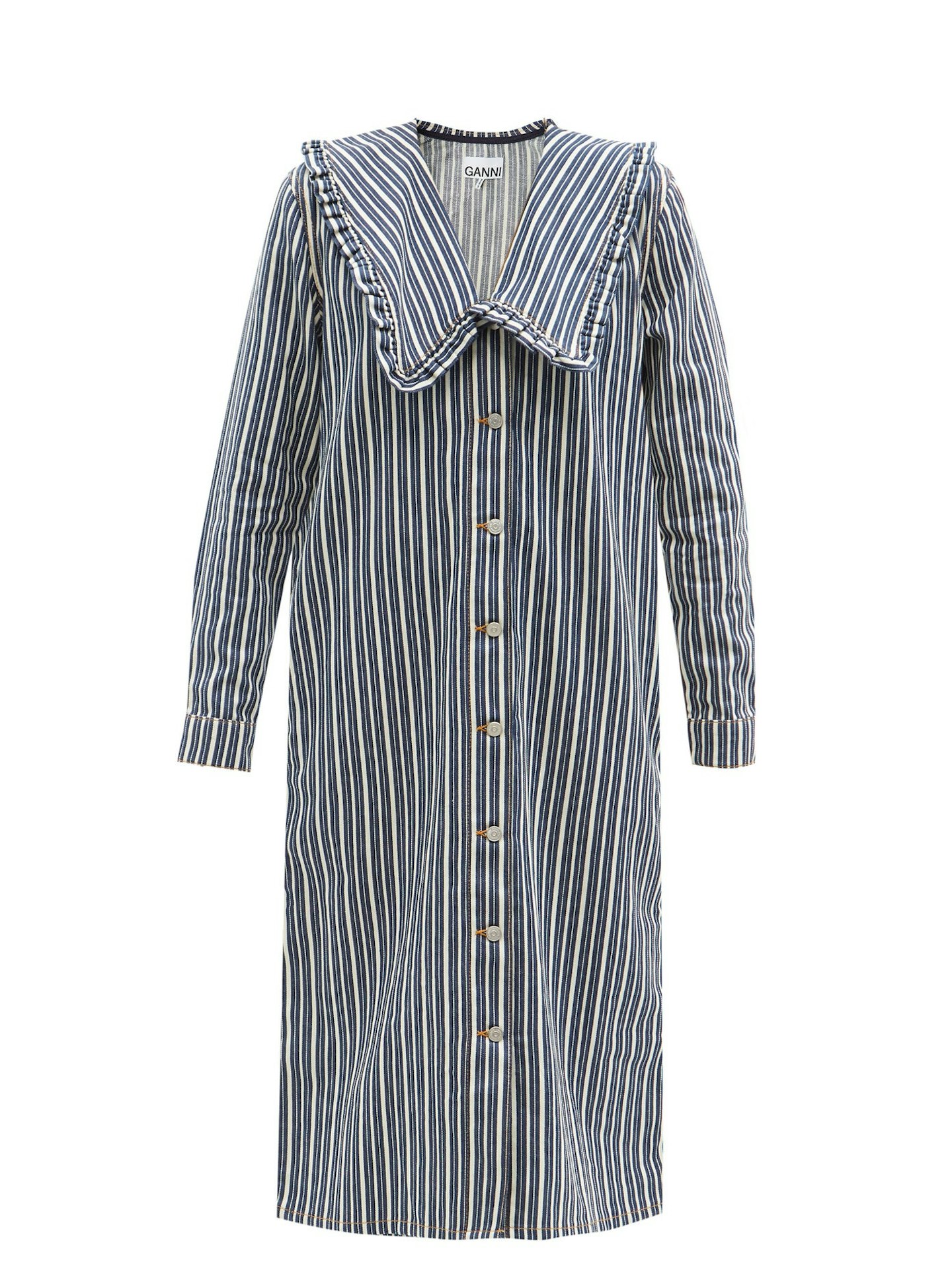 Ganni, Ruffled Collar Striped Denim Dress, £225