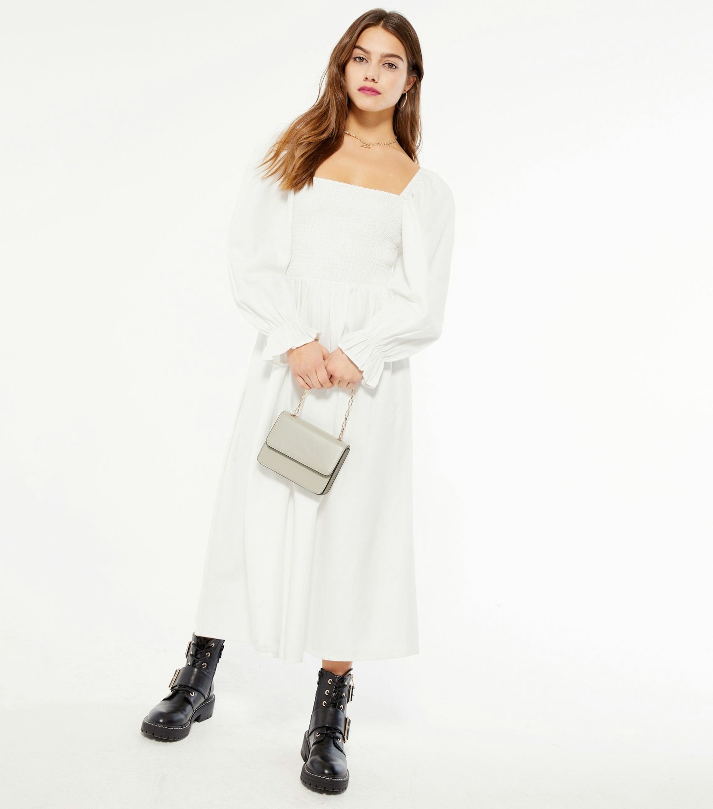 New LookPetite White Shirred Puff Sleeve Midi Dress