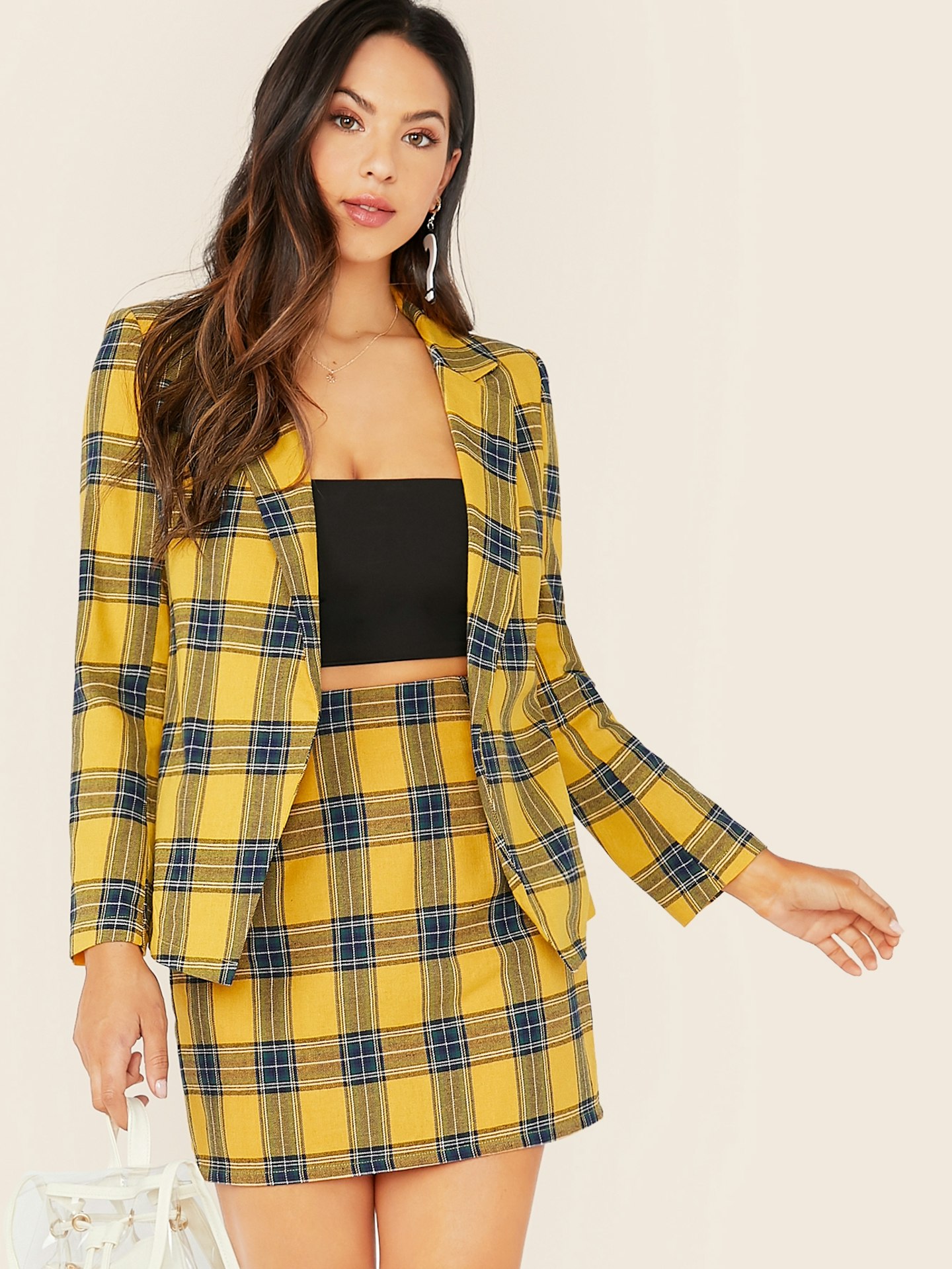 SHEIN Notched Collar Plaid Blazer & Skirt Set