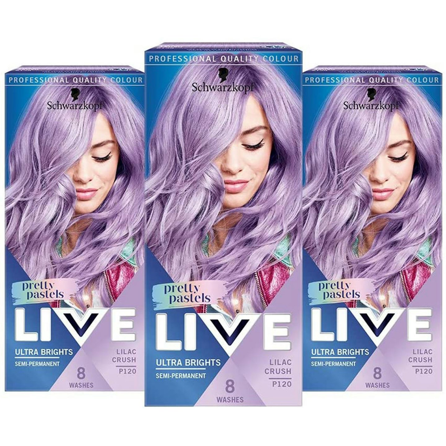 Schwarzkopf Live Ultra Brights Pretty Pastel Purple Hair Dye, 3-Pack Semi-Permanent 8 washes, P120 Lilac Crush
