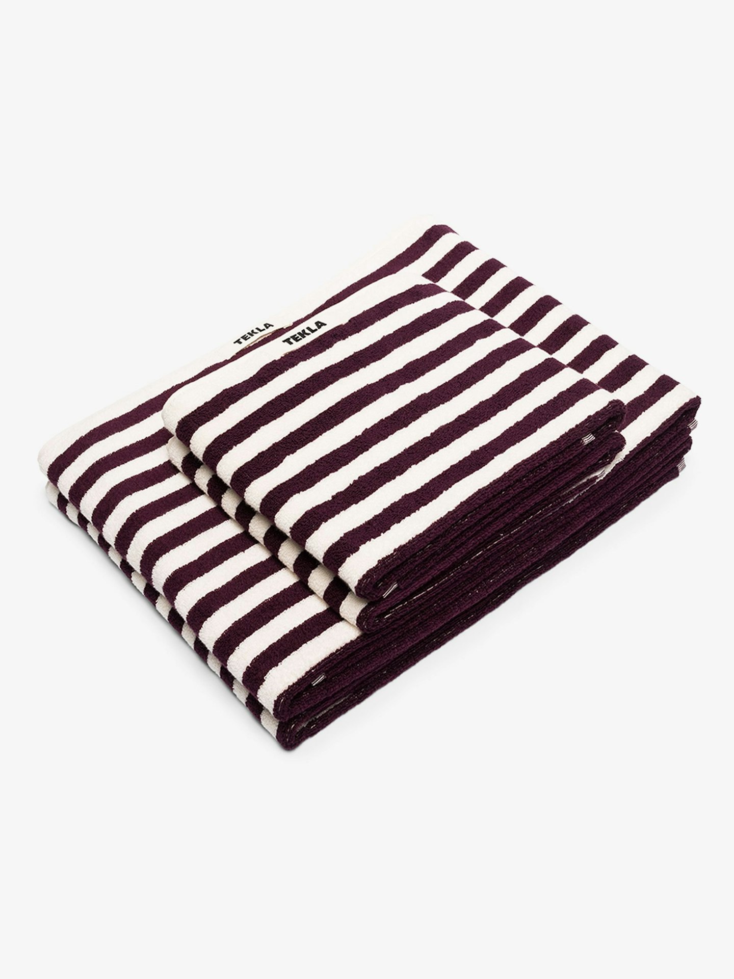 Tekla, Burgundy Striped Organic Terry Cotton Towel Set, £180