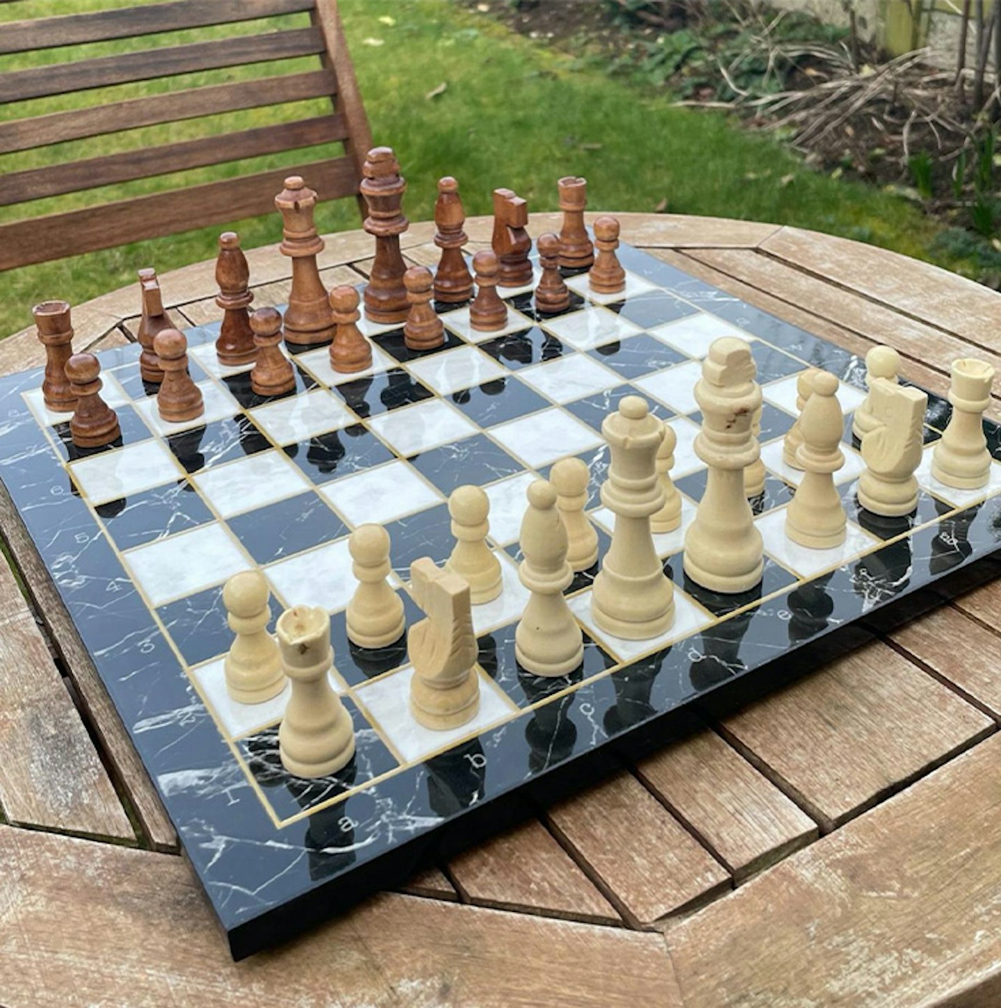 Marble Pattern Chess Board and Wooden Figures Chess Set