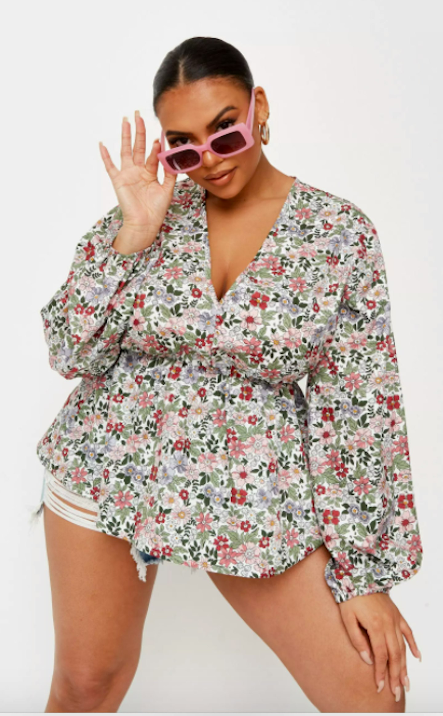 plus size green floral balloon sleeve v neck blouse