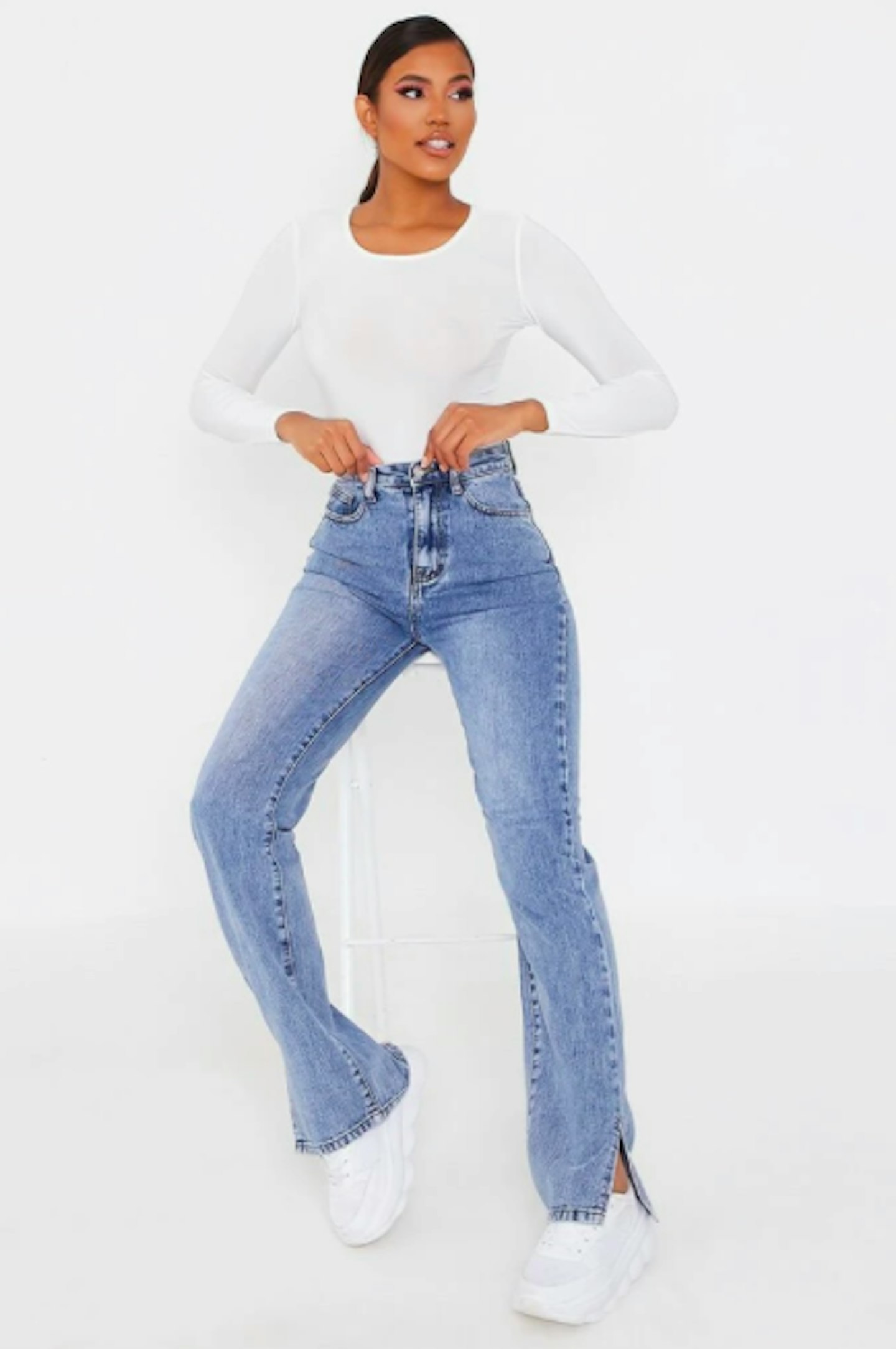 Mid Wash High Waisted Split Hem Jeans