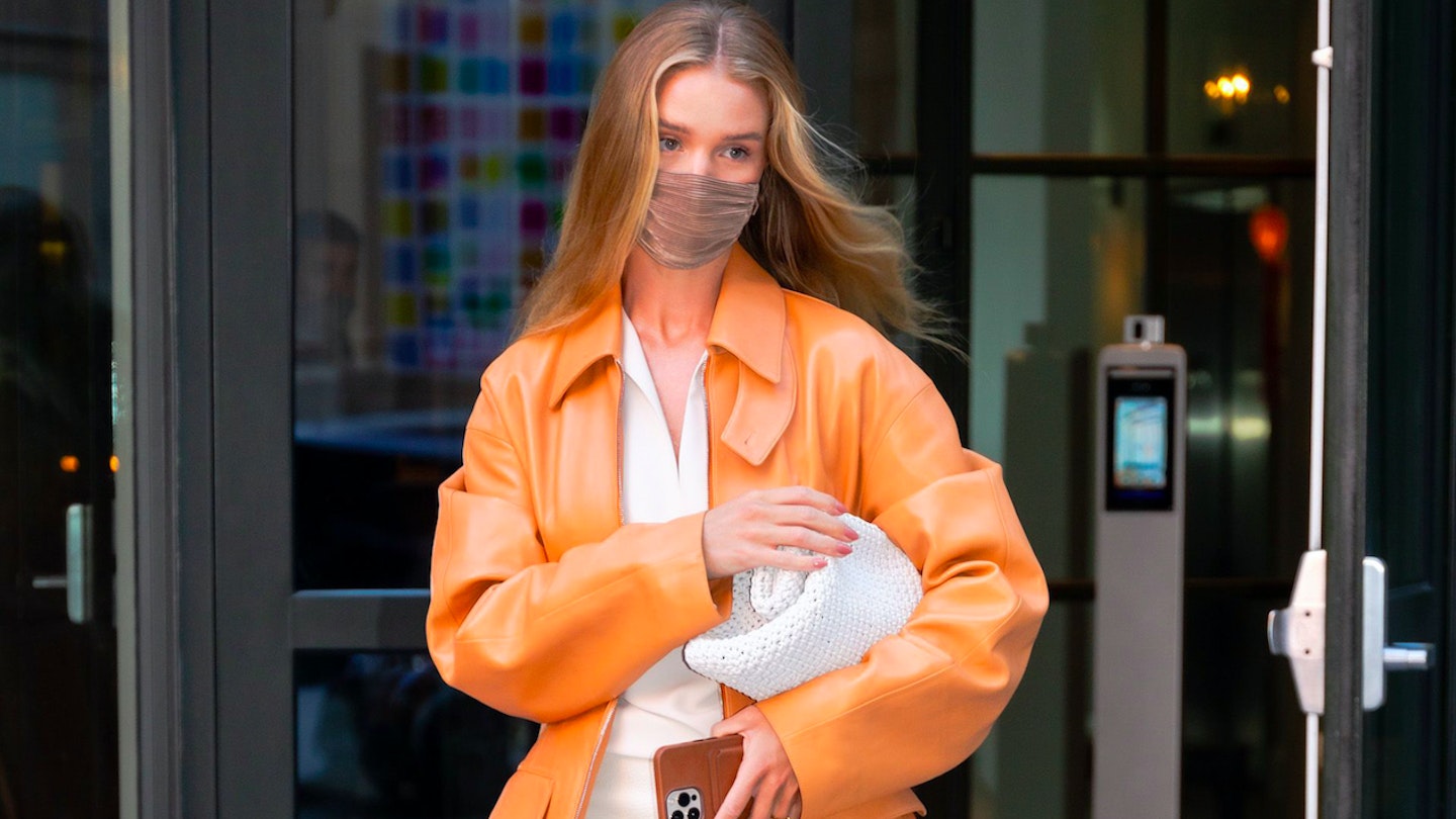 Rosie Huntington-Whitely wearing a tan leather coat in New York