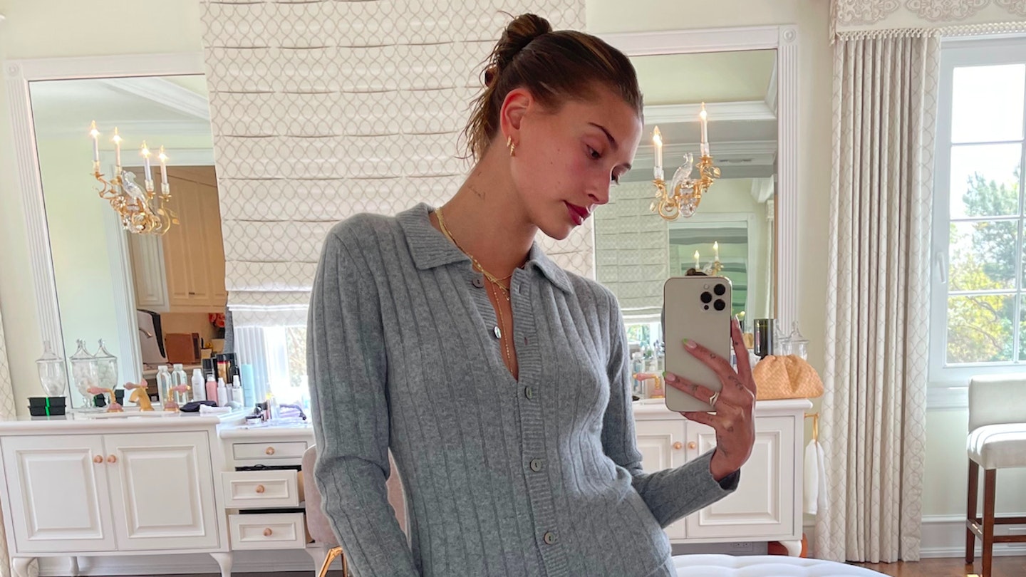 Hailey Bieber wearing a grey cashmere co-ord on Instagram Stories