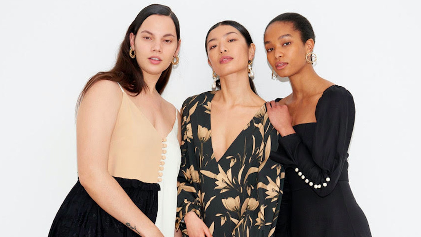Three models wearing clothes that are available to rent from Mother of Pearl x Onloan