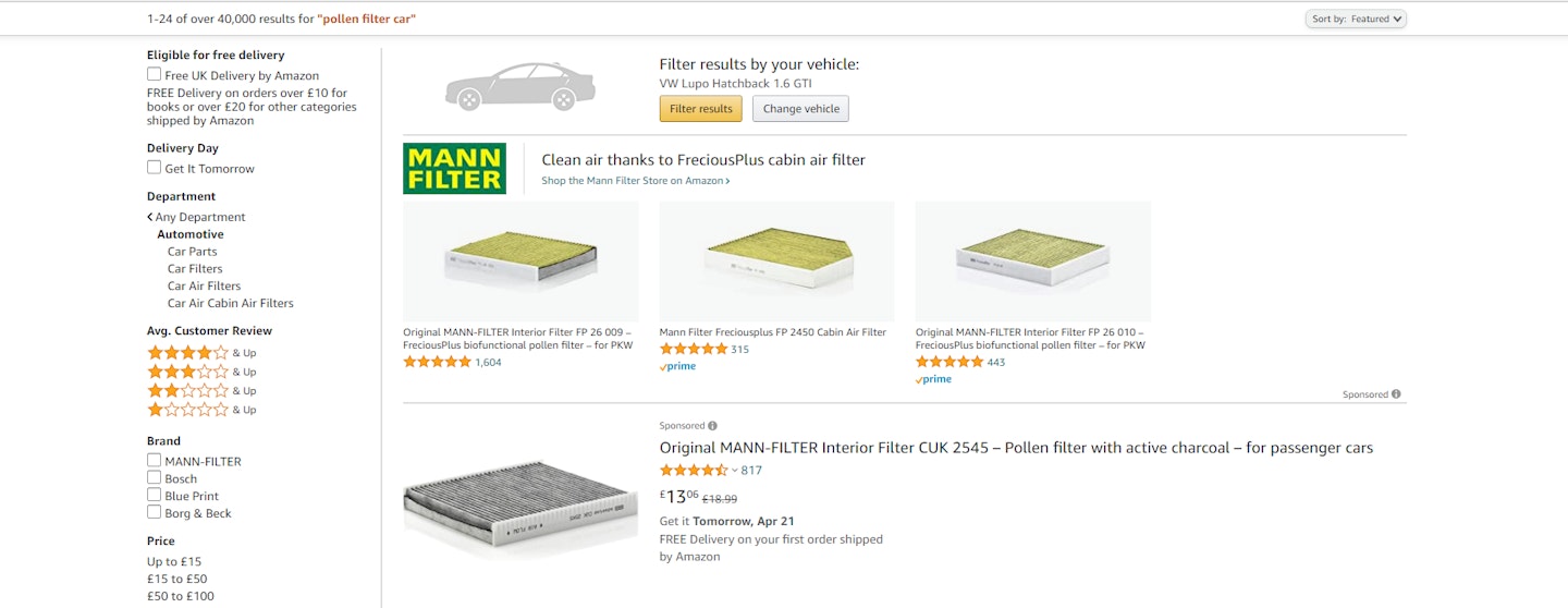 Filtering pollen filters using Amazon Garage 