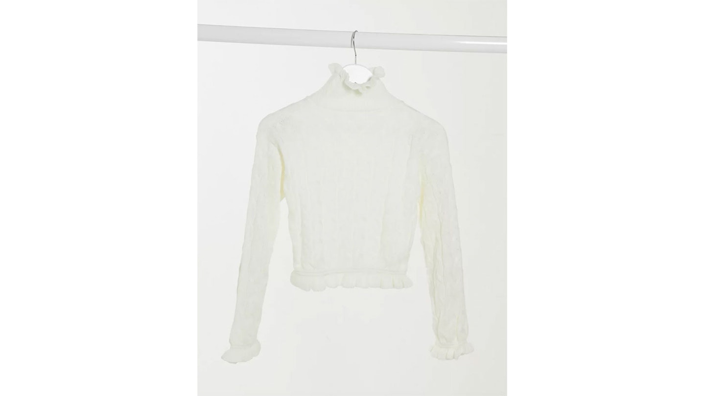 I Saw It First cable knit frill hem jumper in white