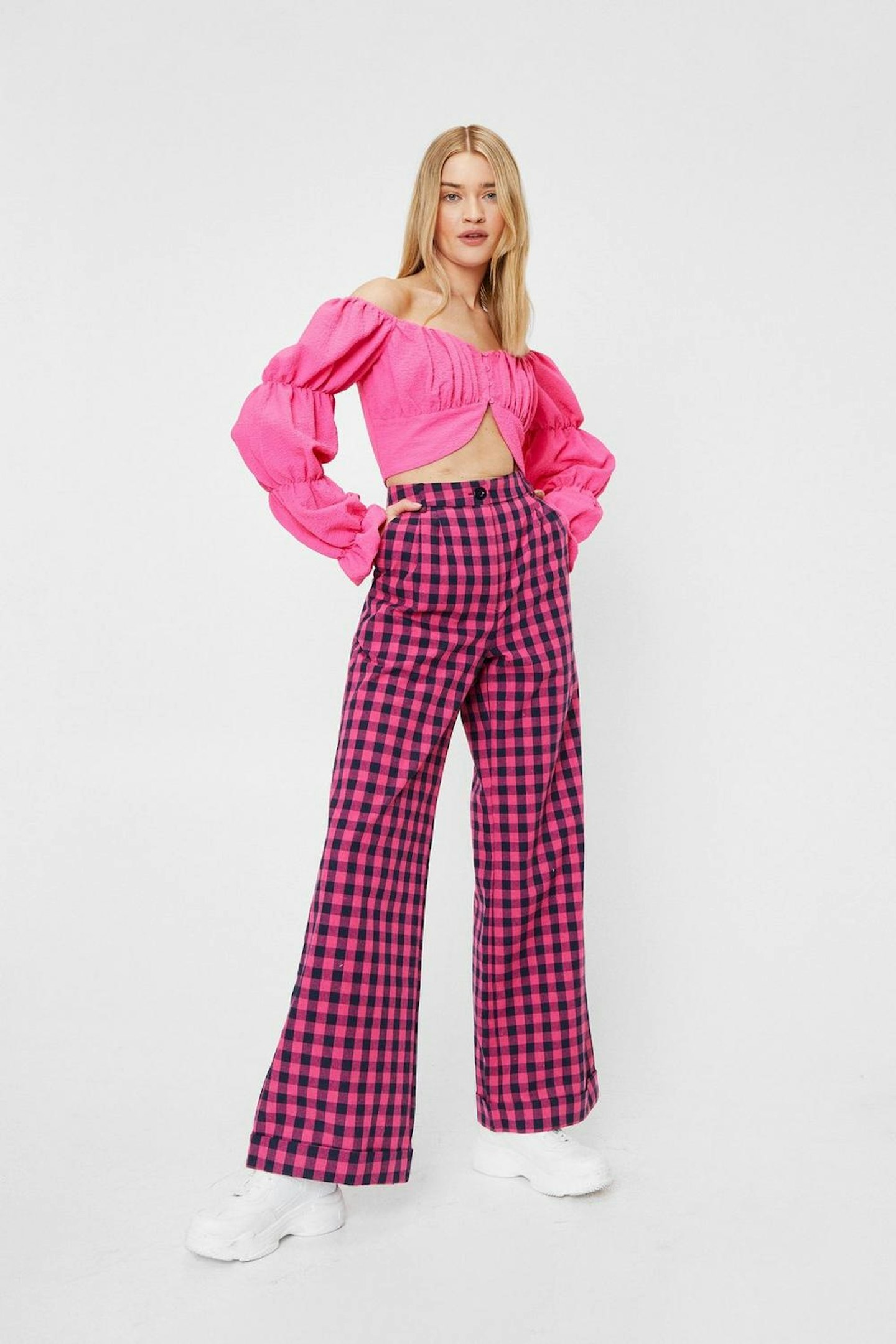 High Waisted Wide Leg Gingham Pants