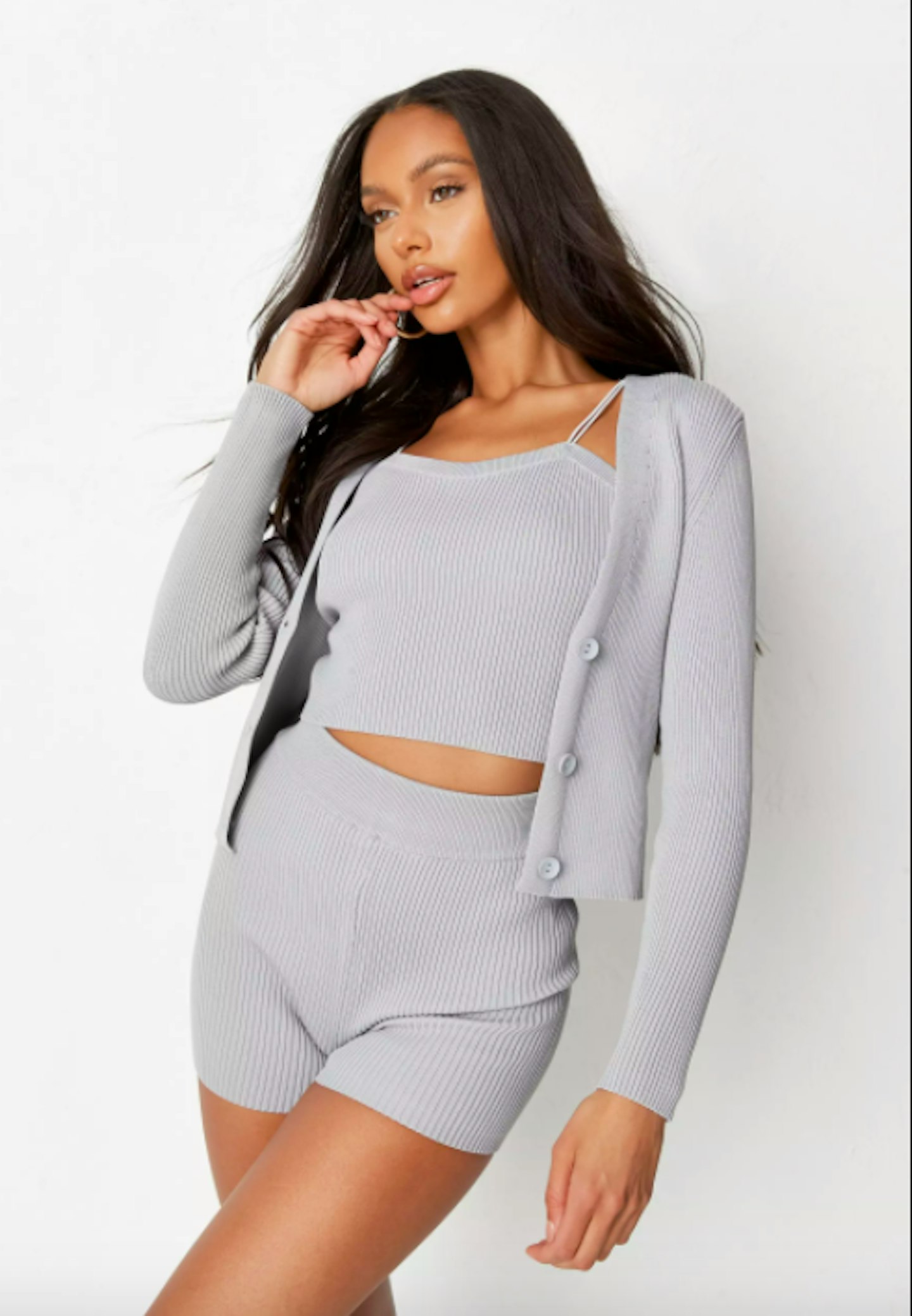 grey co ord rib knit cardigan