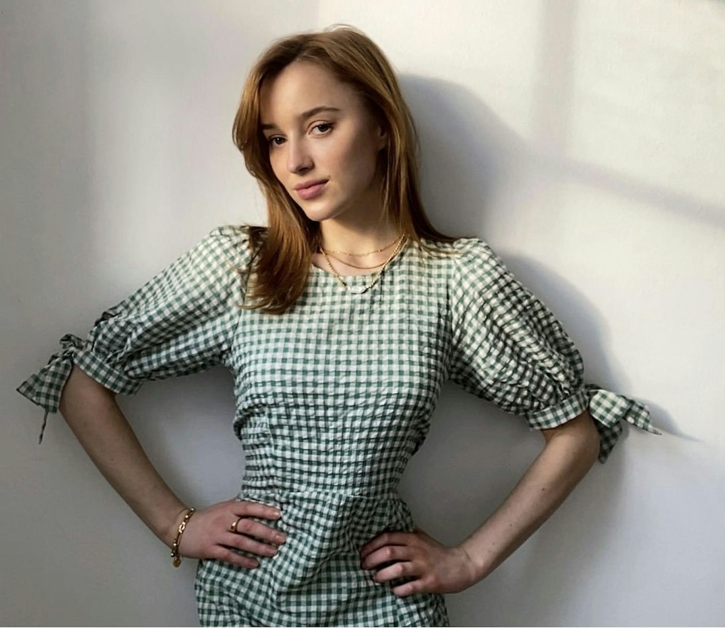 phoebe dynevor wearing green gingham dress nobody's child