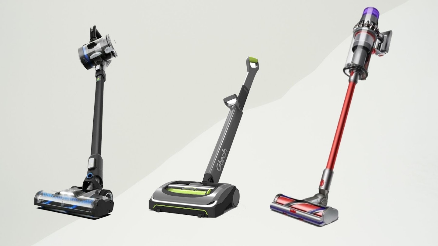 three cordless vacuums against white background
