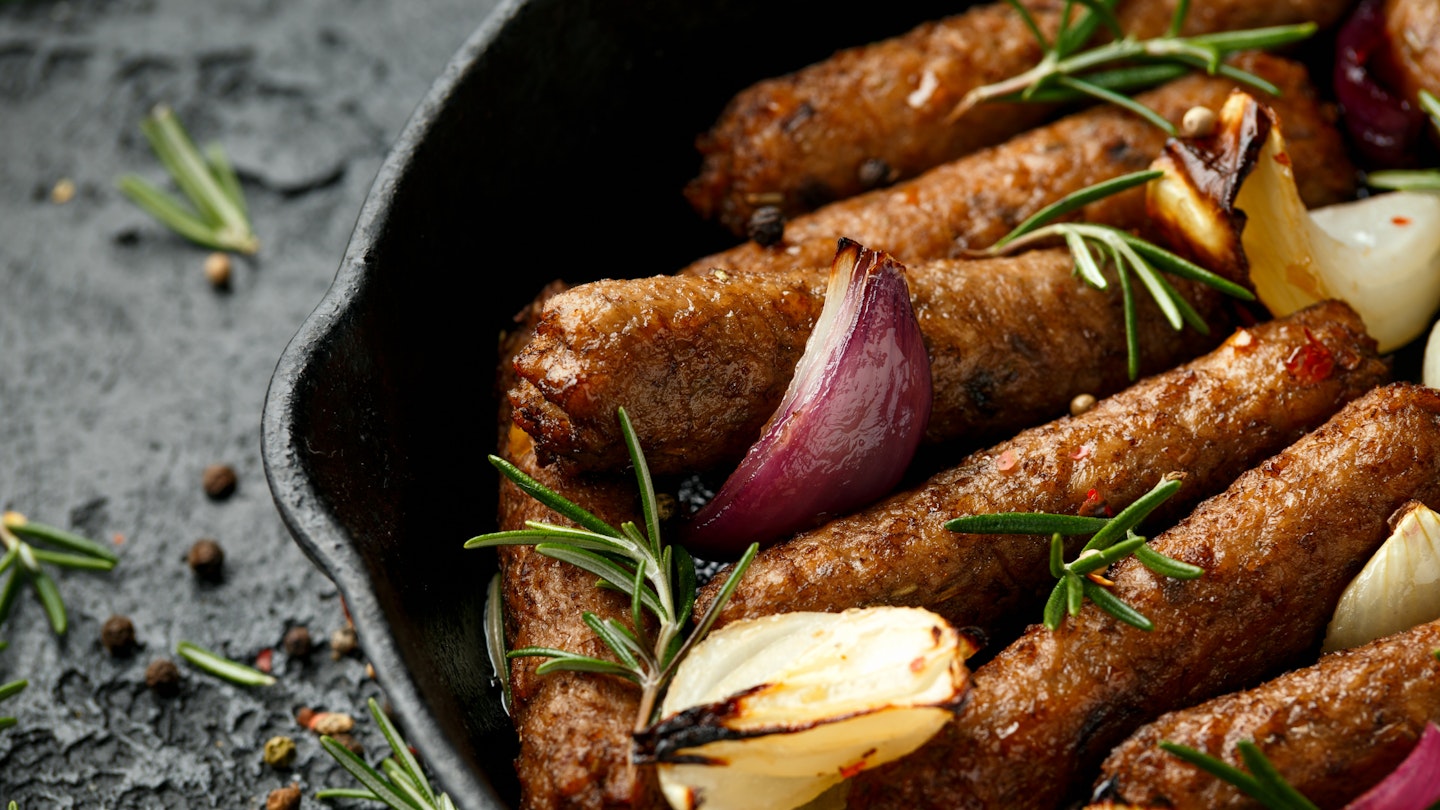 Vegetarian sausages in a skillet