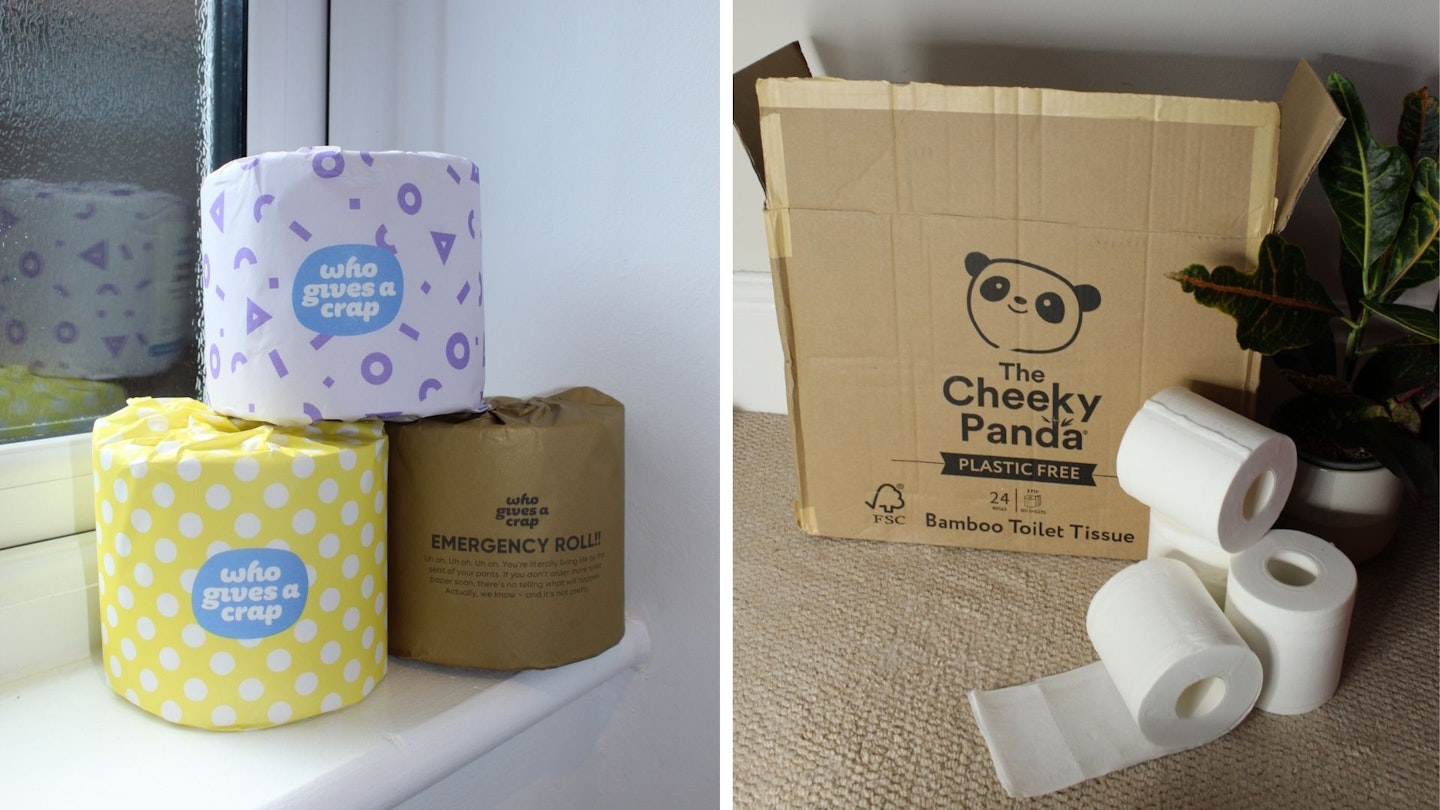 Who Gives A Crap toilet paper stacked and The Cheeky Panda box with toilet rolls and plants - best toilet paper