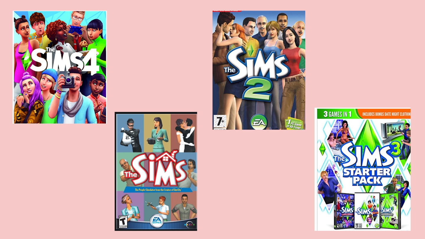A collection of The Sims games on a light pink canvas