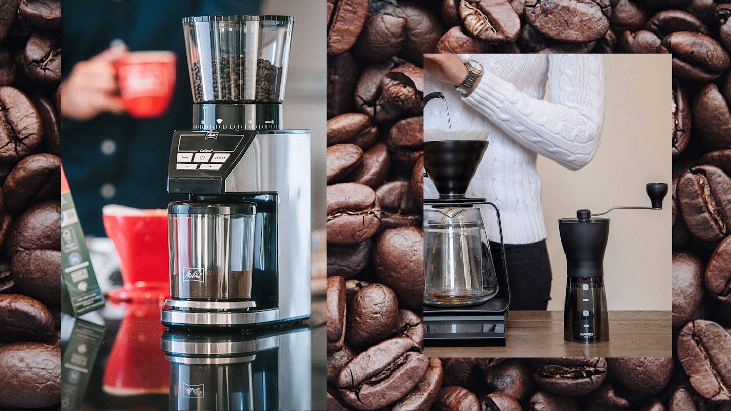 Best coffee grinders - Melitta coffee grinder and Hario hand coffee grinder on coffee bean background 