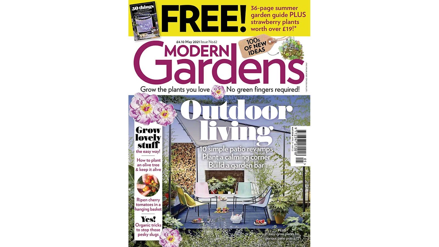 Modern Gardens magazine May issue with sunny garden with four chairs on a deck with sail shade cover