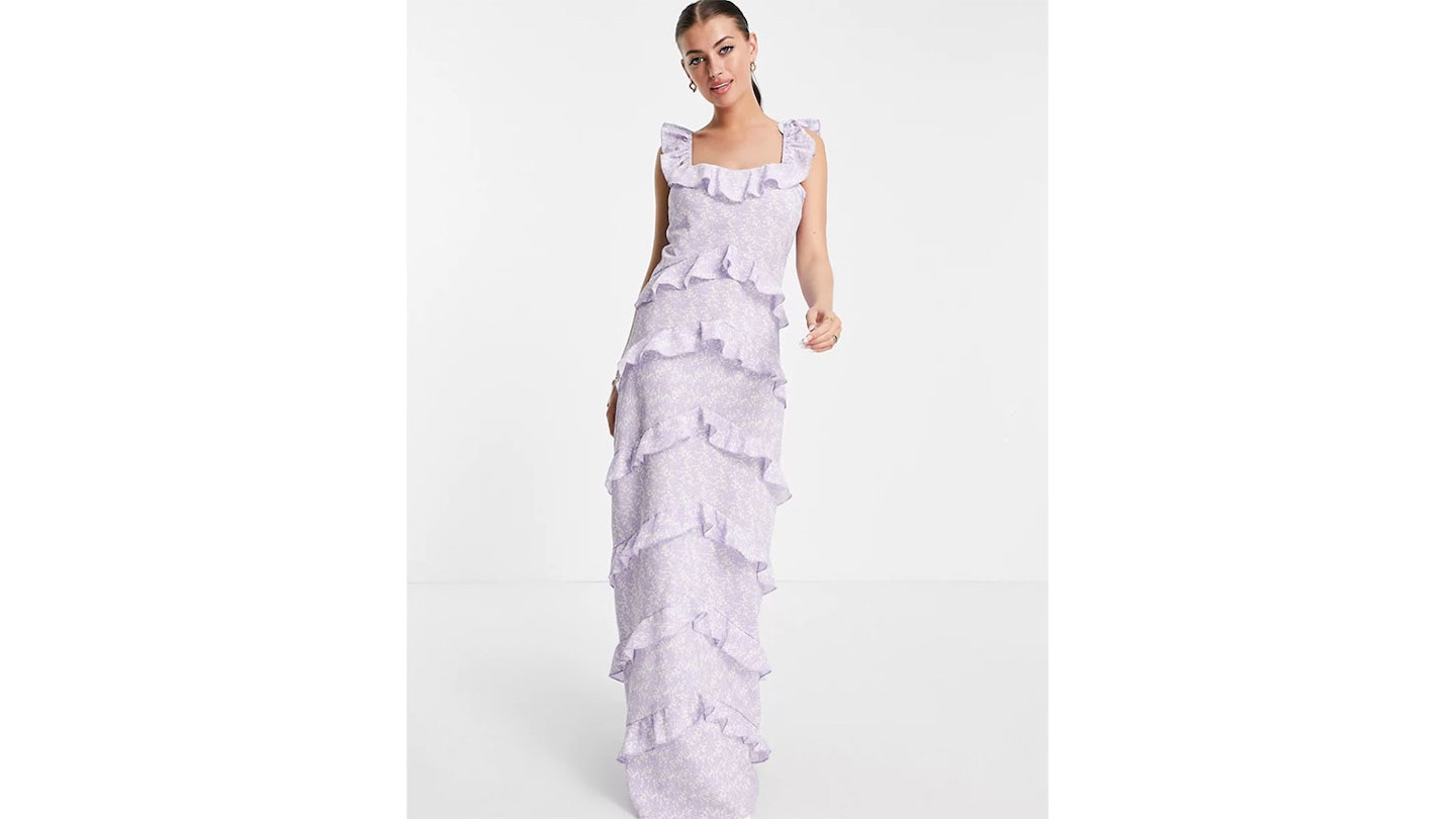 Pretty Lavish Cecile square neck ruffle midaxi dress in lilac abstract print