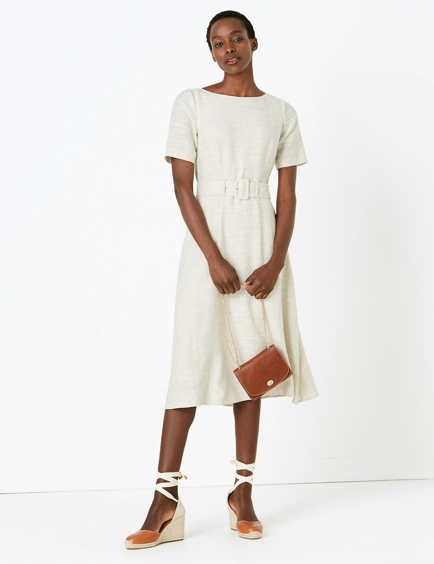 Linen Belted Midi Tailored Dress