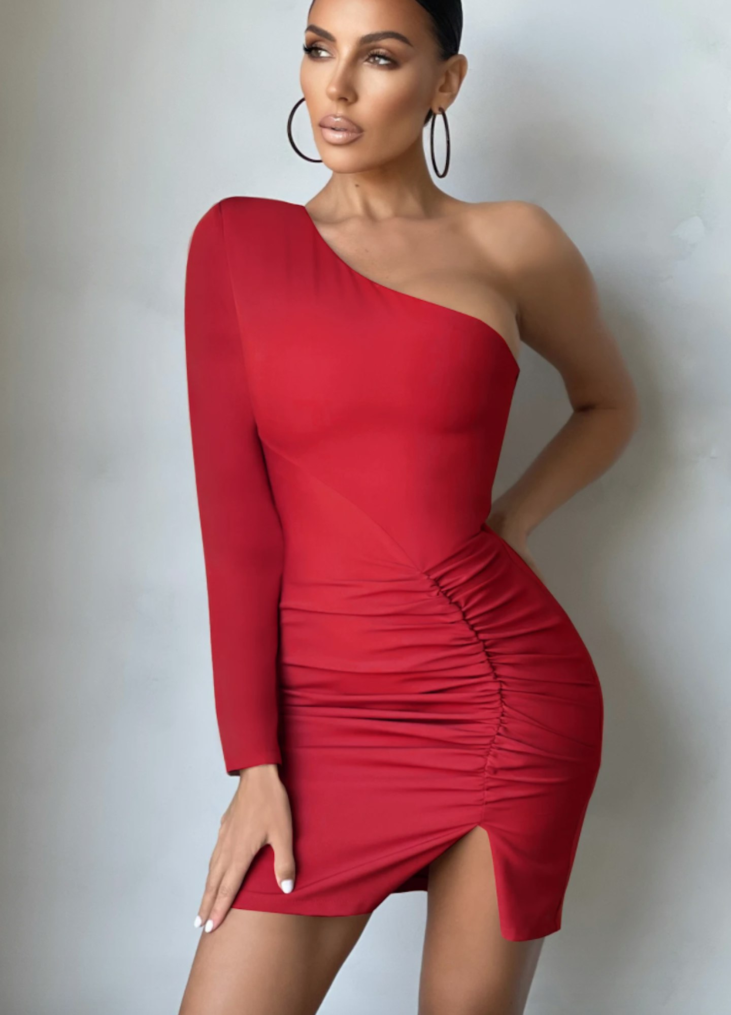 RED ONE SHOULDER RUCHED SIDE MINI DRESS