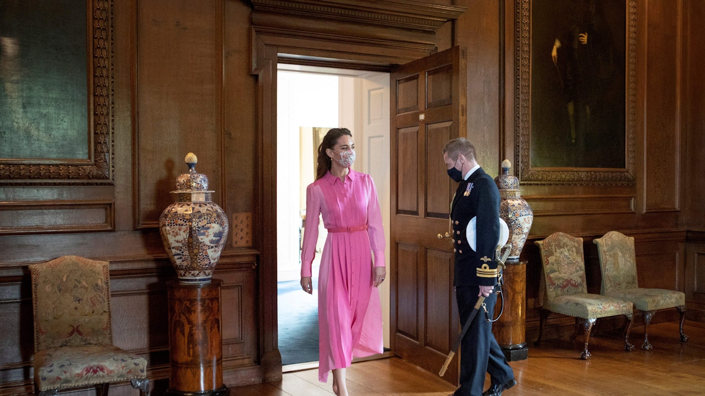 Kate Middleton wearing a pleated pink shirt dress from Me+Em 