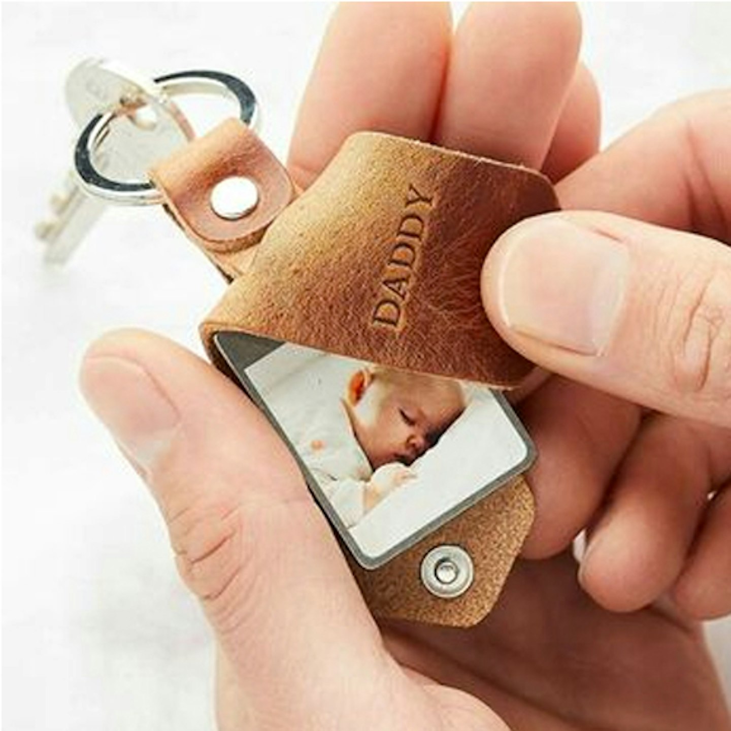 First Father's Day Gifts: Personalised Metal Photo Keyring With Leather Case