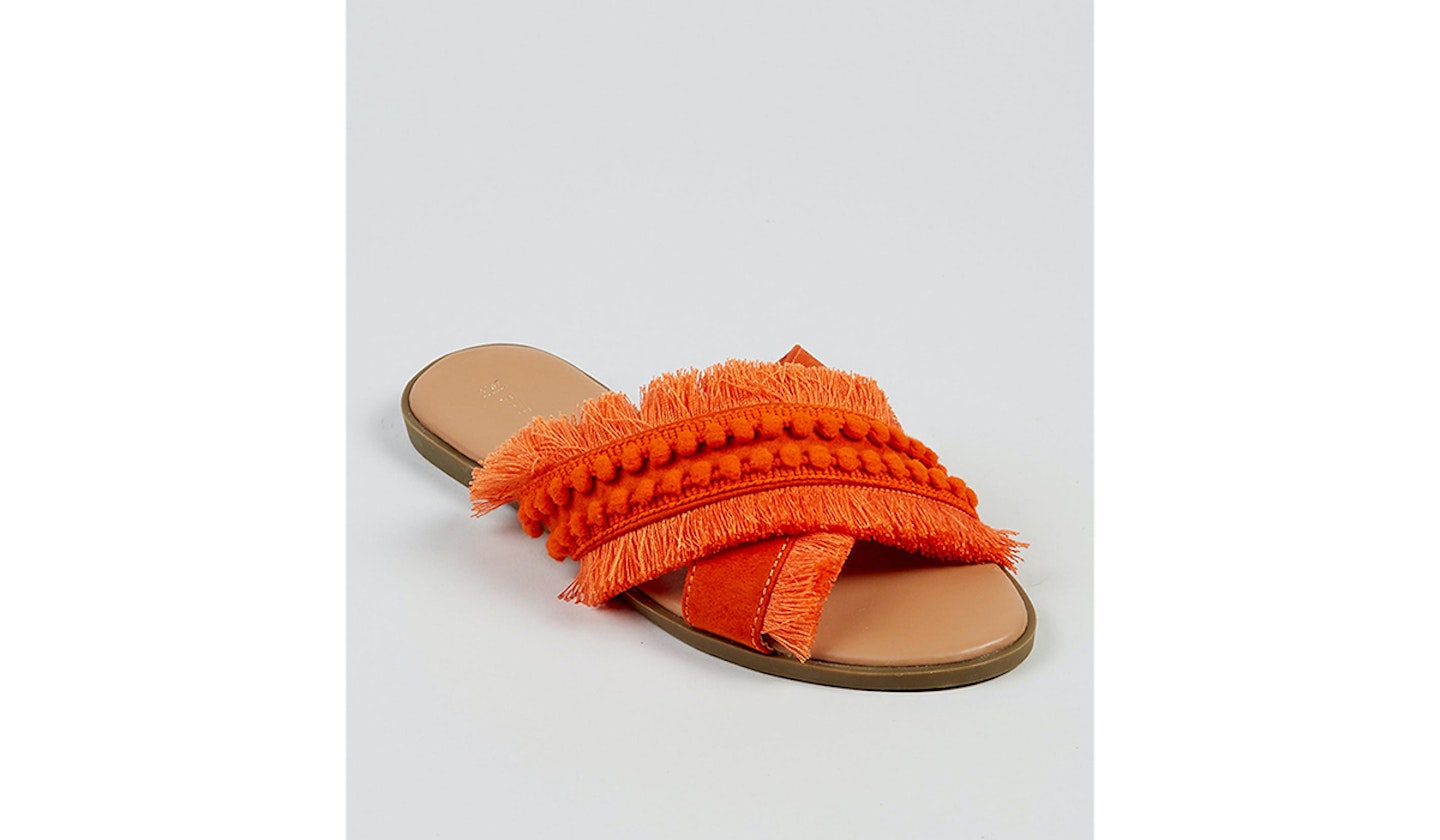 Orange Pom Pom Cross Strap Sandals