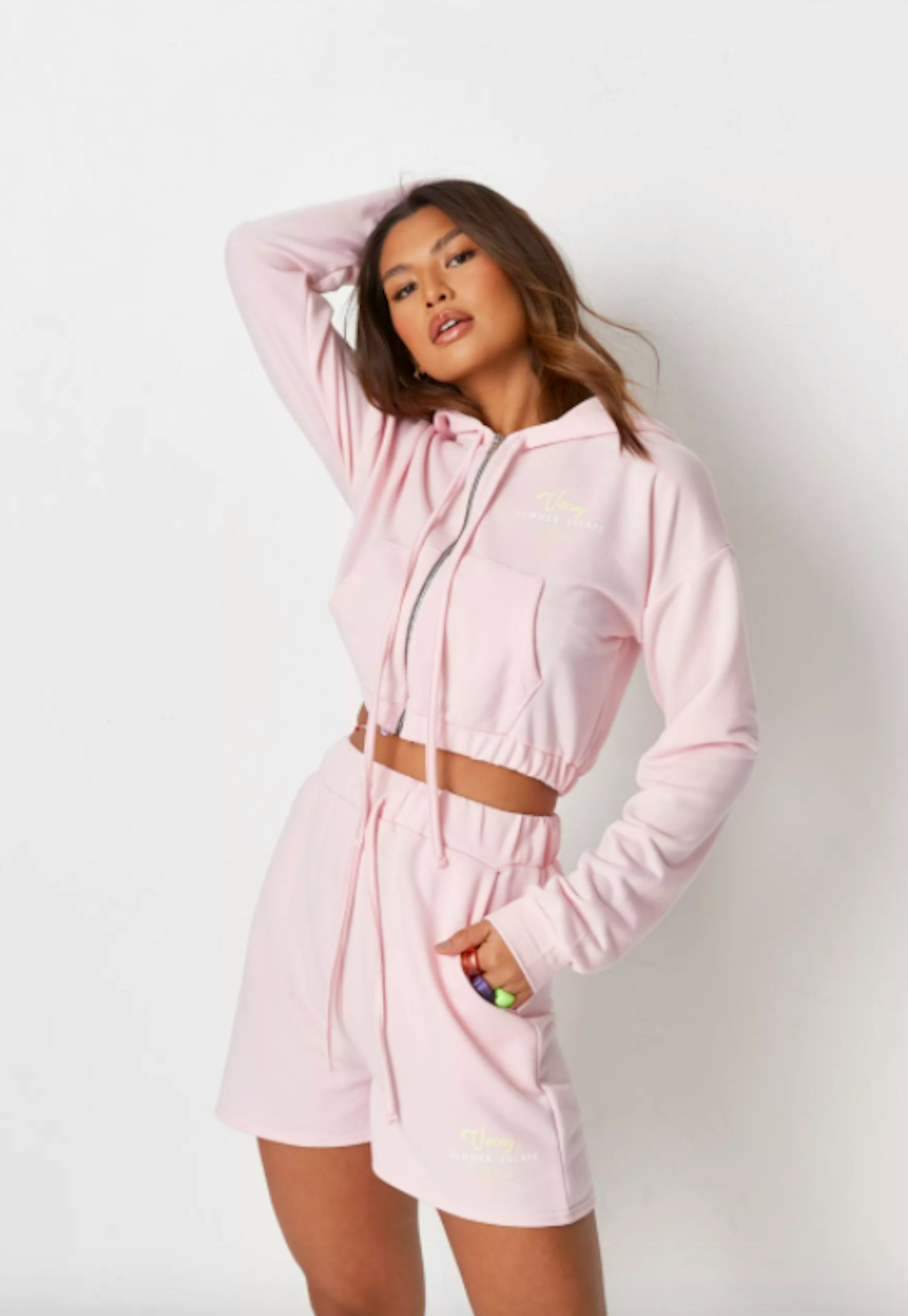 zara mcdermott x missguided pink vacay graphic zip front cropped hoodie