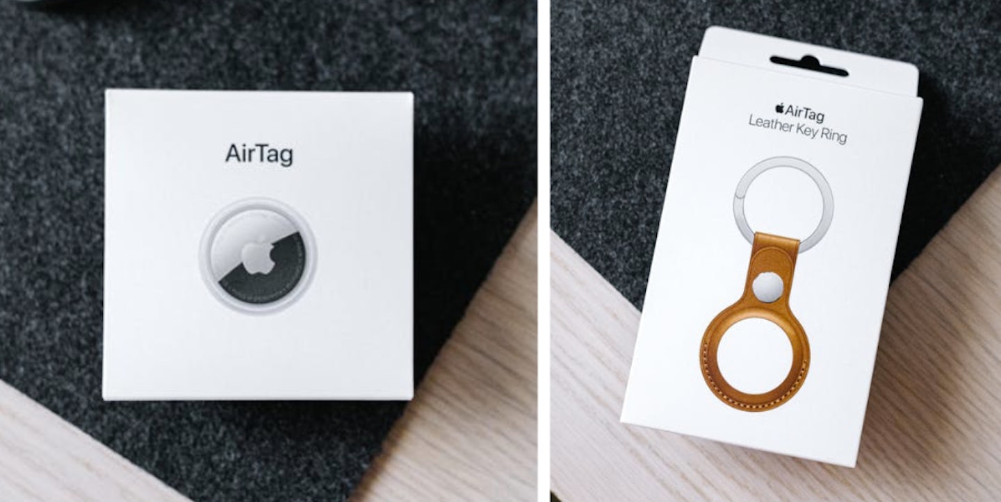 Apple AirTag and Leather Key Ring in boxes