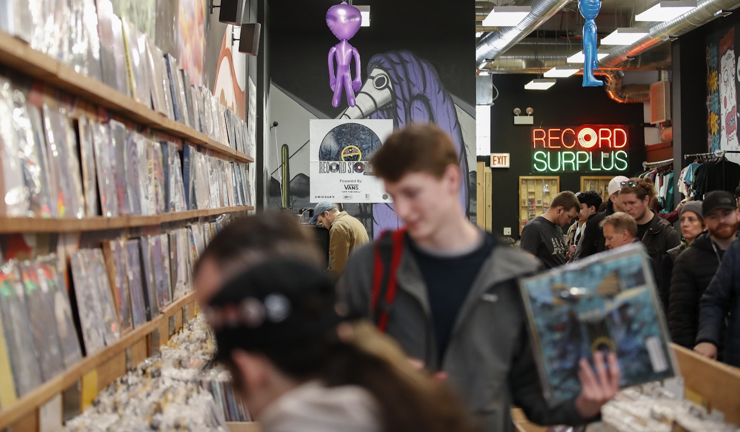 Record Store Day trippers in Chicago's Shuga Records, April 2019