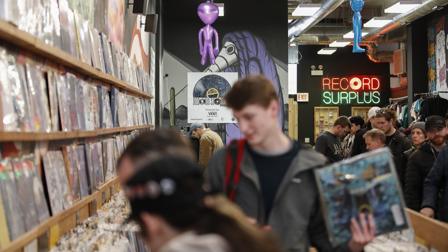 Record Store Day trippers in Chicago's Shuga Records, April 2019