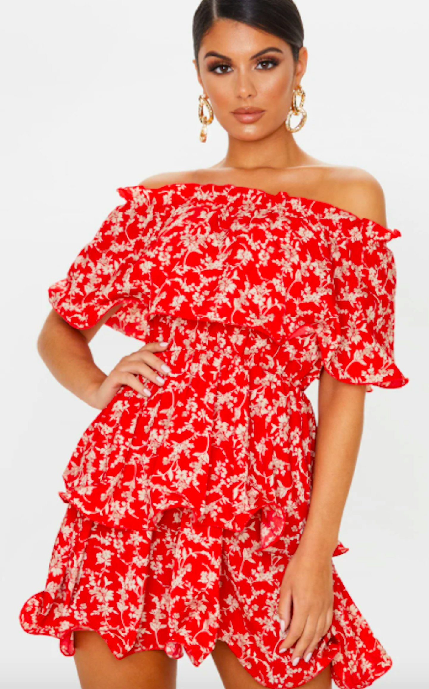 Red Floral Print Chiffon Bardot Ruffle Tiered Dress