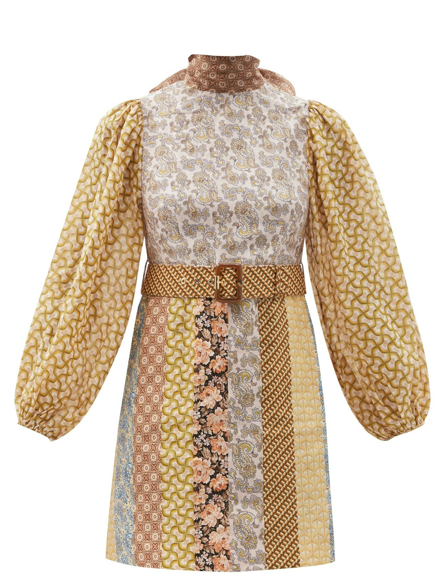 Zimmermann, High-Neck Patchwork Linen Midi Dress, £725
