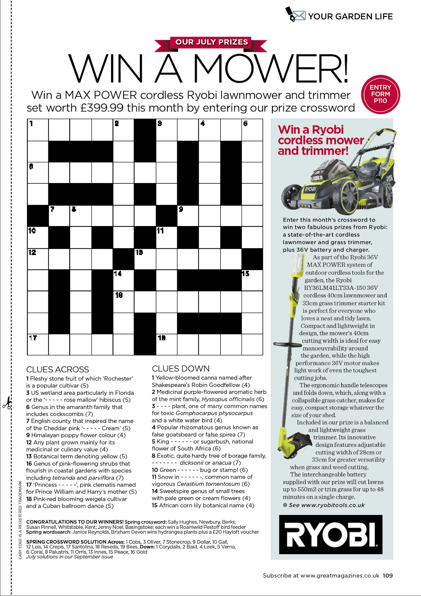 The crossword grid as it appears in the magazine - buy it to enter!